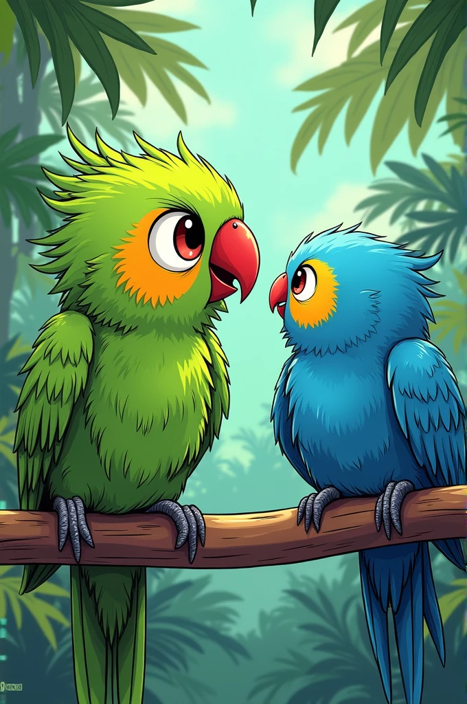 A manga-style depiction of a cute parrot and parakeet fighting.