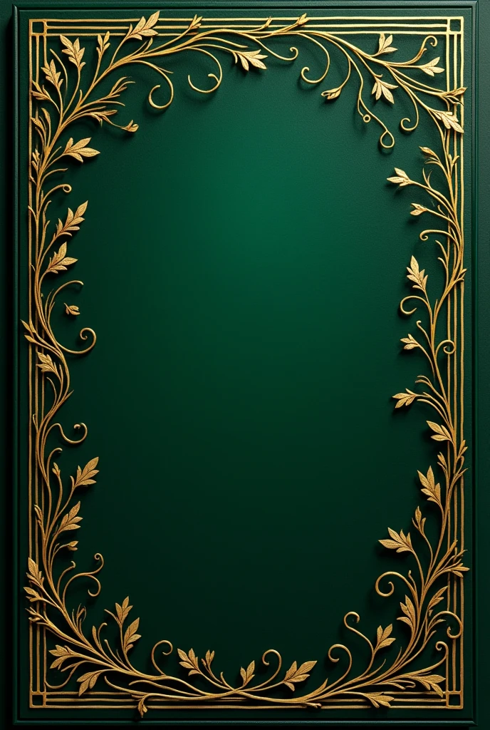 Create a book cover, untitled or information, in dark green, with golden details on the sides, These details should be intertwined leaves and vines, NO flowers