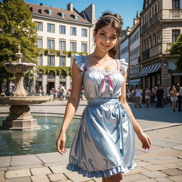 10 year old girl underwear, Realistic bloomers made from patterned cotton fabric, Medieval one-piece dress with panniers, Fabric Realism, Low - Angle, I see bloomers, Pull up the dress by hand, Strong winds, Translucent slip, Translucent slip, tights, Highest quality, Crotch close-up, whole body