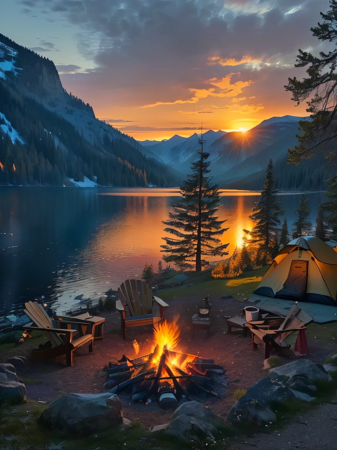"A glowing campfire crackles warmly in the middle of a serene field, set beside the tranquil waters of a nearby lake. The peaceful environment is bathed in the soft, golden light of the fire, creating a warm and inviting atmosphere. This beautiful scene captures the essence of a perfect evening spent in nature, where the campfire's gentle flames reflect off the water, enhancing the tranquil mood. The setting, surrounded by the beauty of the outdoors, invites relaxation and peace, making it an idyllic spot for camping. The scene, rich in natural beauty and warmth, embodies a peaceful and serene ambiance, where the fire's light dances in the night, creating a beautiful and calming environment. 🌲🔥🏕️"