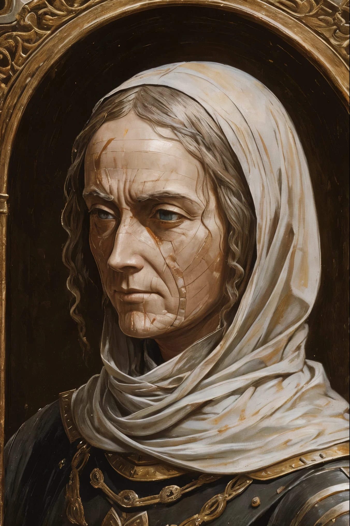 a painting of a middle-aged medieval woman, gaunt, collarbone wrapped in yellowing bandages, wearing dirty knight armor, bandages covered in dried blood and puss, disgusting, defiant fleeting eyes, in pain, old bandages tight, mended armor plates over chest, mended knight, short ratty hair covering face, dirty face and clothes, sneering, face is visible, hair, lips