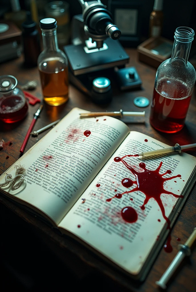 an old curse book with red writing, blood stained pages and torn pages, there is a small candle on the table. The book is open on a dark wooden table, the place is poorly lit
