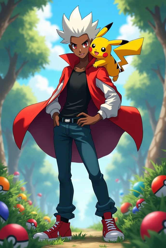 A black-skinned Pokémon trainer, red eyes and white hair, wearing a black shirt, a red jacket with white sleeves, a red cap, dark blue jeans and red sneakers, carrying a Pikachu on his shoulder