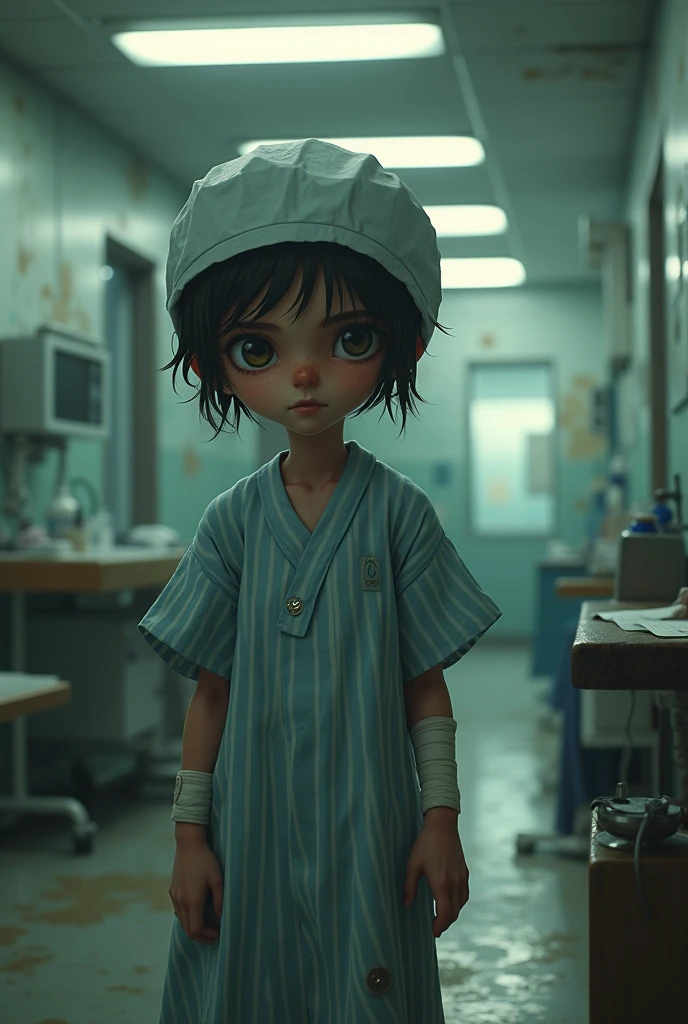 Create a game character wearing hospital patient clothes. 