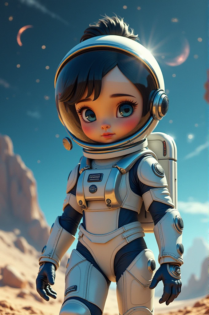 body hair: 小柄, black and slightly wavy, usually tied up in a bun or ponytail to fit the helmet.
eyeballs: big teats, deep blue color, resembling outer space.
vestimentas: A white spacesuit with blue and silver details, with large gloves and boots. The helmet is large, with a reflective golden visor.