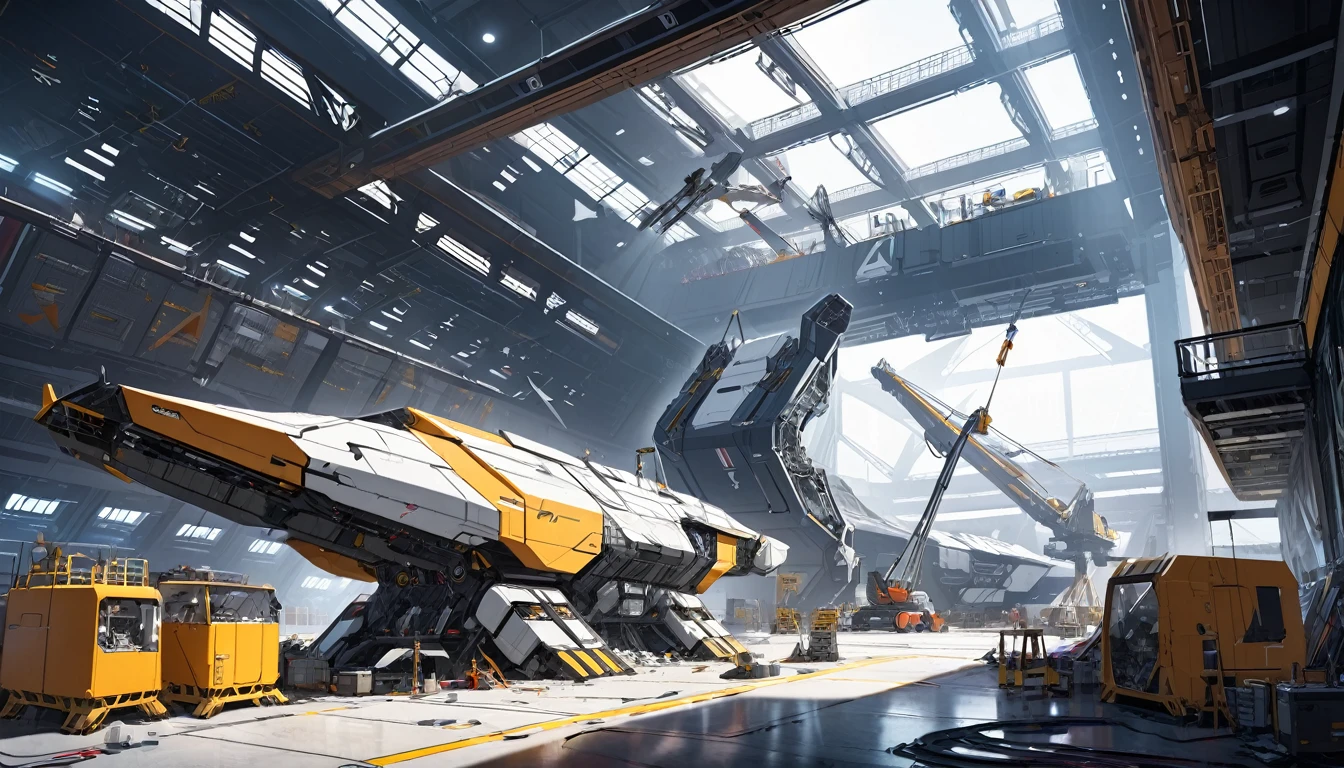 Spacecraft rectangular box shape, destructor, being repaired in a futuristic hangar, with spare parts and cranes.