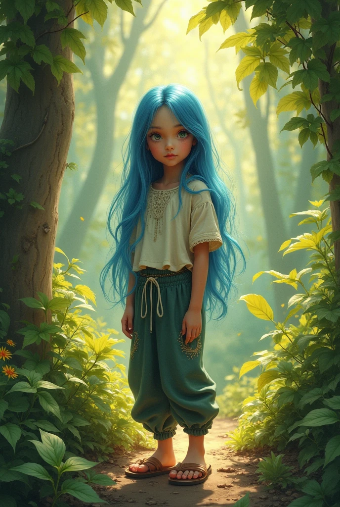 (photorealism:1.2), female young child, slim face, standing in forest, wearing modest fantasy top, fantasy pants, sandals, long blue hair, outdoors, soft lighting, plants in background, facing forward, realistic painting, intricate details, warm colors, by Greg Rutkowski, by Alphonse Mucha