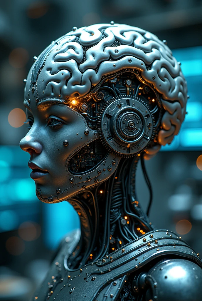 Cybernetic Mind**: A brain partially replaced by electronic components and gears, representing the fusion of human thought and robotic automation, with integrated circuits in every fold of the brain
