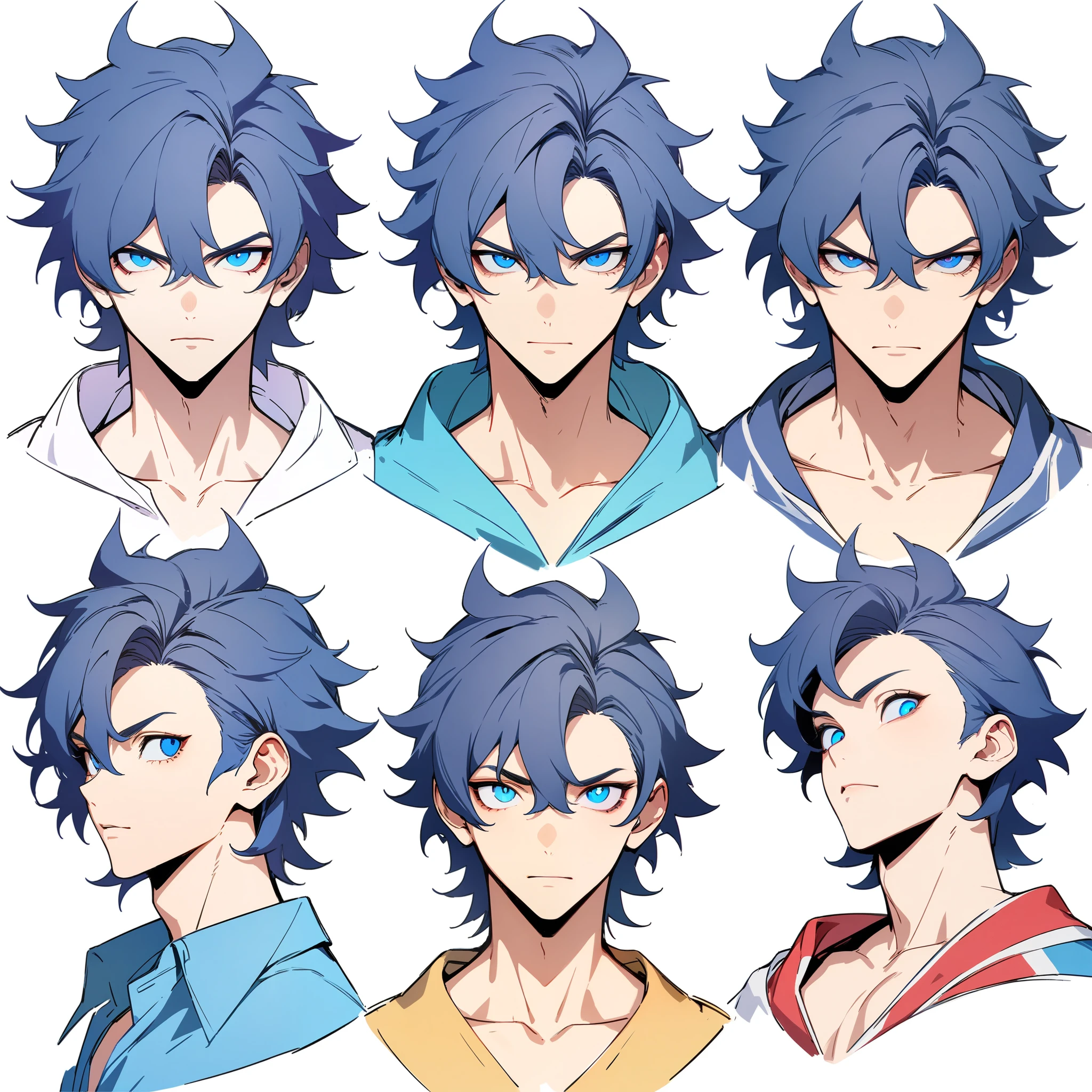 anime boy, dark blue hair, blue eyes, head, same boy, different angles, grid, 9 faces, high quality, concept, handsome, spiky hair, perfect lineart, sharp lineart, best quality, high quality, best quality, ultra-detailed, HD, beautiful lighting,