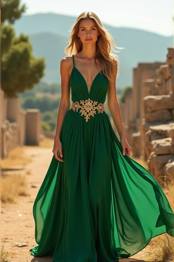 Make a green and long dress for my graduation, Greek goddess style, warrioress, I want it long, flowing and with gold details