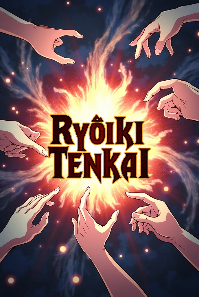 'Ryōiki Tenkai' written in the middle and around it i would like to have Yuji Itadori's, Gojo Satoru's, Megumi Fushiguro's, Hiromi Higuruma's, Yuta Okkotsu's and Kinji Hakari's Domain expansion hand signs.