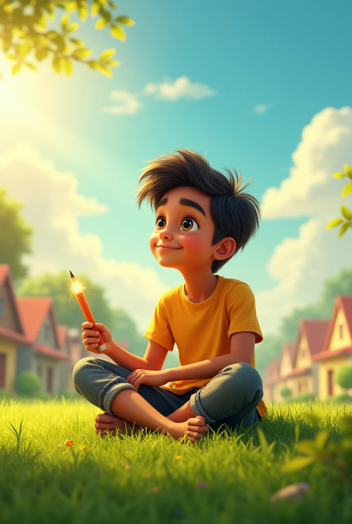 - Rohan apne doston ke liye bhi kuch draw karta hai
- Unki zarooriyat puri ho jati hai
- Sab log khush hain
Image prompt: Rohan apne doston ke liye draw karta hai, unki zarooriyat puri ho jati hai, sab log khush hain
- Jadui pencil Rohan ko ek aur wish dene ka mauka deta hai
- Rohan sochta hai aur phir kehta hai ki main chahta hoon ki mere sheher mein hamesha khushi aur aman rahe
- Jadui pencil uski wish puri karti hai
Jadui pencil Rohan ko ek aur wish dene ka mauka deta hai, Rohan sochta hai aur phir kehta hai apni wish, jadui pencil uski wish puri karti