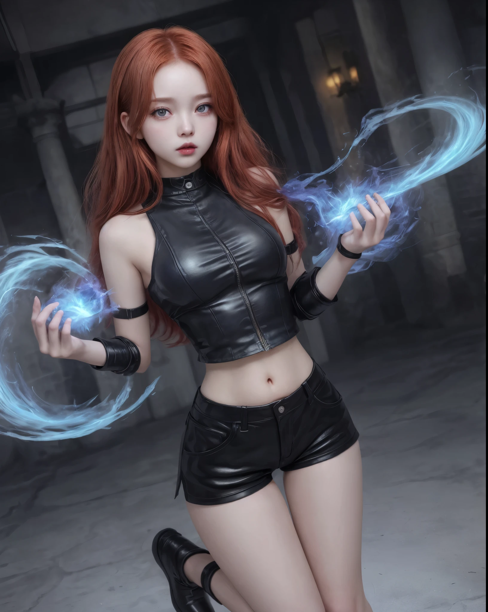 young girl, kim chaewon as a sexy young girl, full body view, fullbody, full body, kim chaewon is a girl, 1girl, fantasy gothic city background, kim chaewon, girl, small breast, figure, long red hair, red eyes, face front, tight fantasy outfit, belly exposed, legs exposed, leather shorts, emotional face, make up, masterpiece, best quality, female sorcerer, blue fire power, blue fire around her, create blue fire from hands
