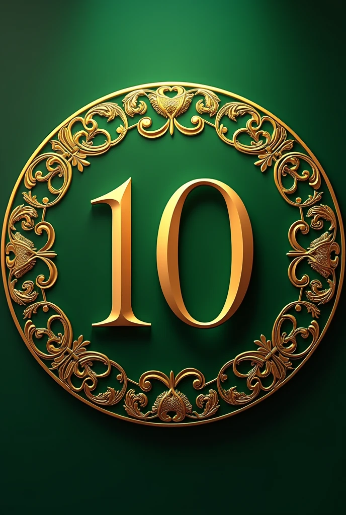 A mockup of a gold and green circular emblem, stylised, with number 10 centered, seen from the front, in Full HD quality