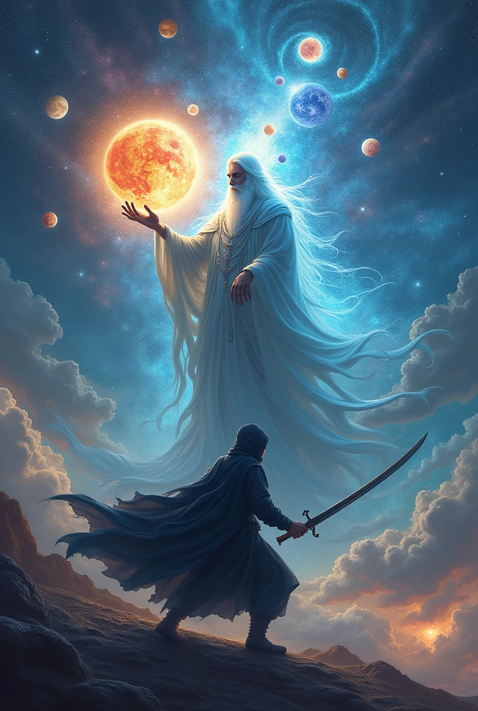 A supreme God holding multiple planets in one hand while a ninja battles him in the sky. The ninja is wearing a hood and holding a giant sword.