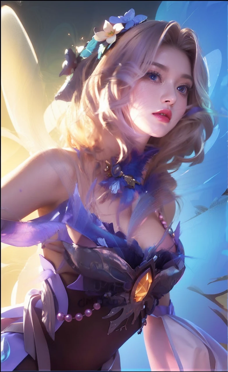 Woman with purple long hair, woman with beautiful face, woman with beautiful blue round eyes, woman with blue feather wing on her right hand, beautiful woman with pink lipstick, morning background, woman with beautiful pink flower on her blonde short hair, woman using pink skirt, woman with gold Root accessories on her body, woman on green leaf background, woman with golden accessories on her head, woman using blue dress and pink white gradient color, pink flower on her Purplehair, purple dress, i SAID purple DRESSSSS
