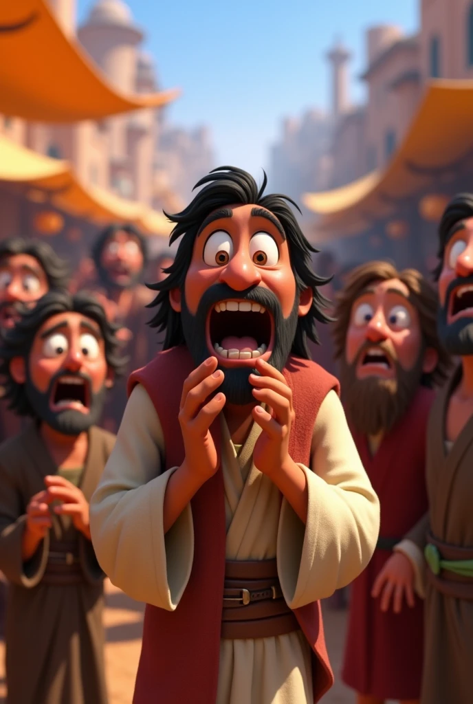 Bartimaeus Shouting for Jesus: Bartimaeus with his hands cupped around his mouth, shouting "Jesus, Son of David, have mercy on me!" while the people around him try to silence him. The surrounding crowd can be shown with expressions of surprise and disdain. Style Disney 3D
