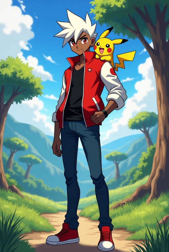 A black-skinned Pokémon trainer, red eyes and white hair, wearing a black shirt, a red jacket with white sleeves, a red cap, dark blue jeans and red sneakers, carrying a Pikachu on his shoulder
