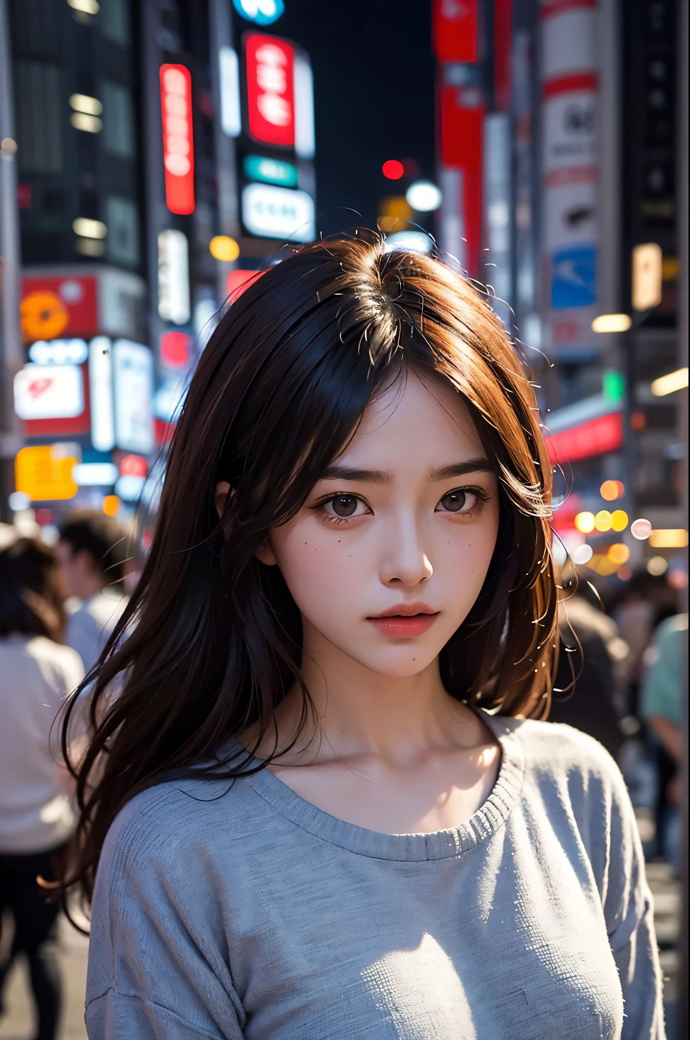 1 woman, tokyo streets,night, cityscape,city lights, upper body,enlargement, 8k, RAW photos, best quality, masterpiece,realistic, photo-realistic,