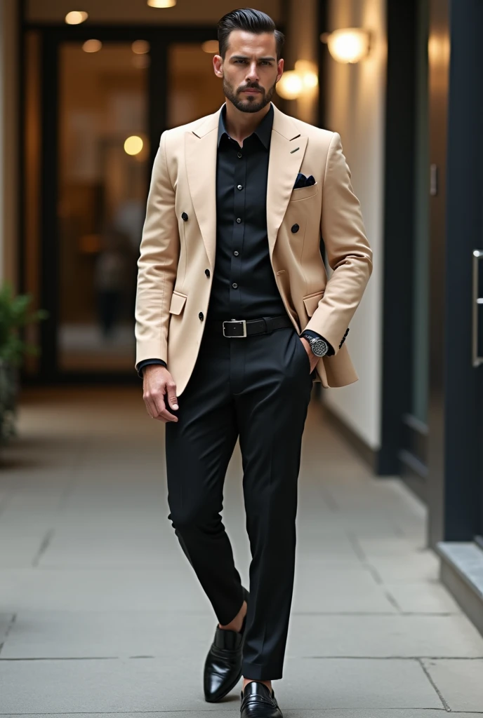 A handsome man . This man dressed up   brown colour formal pant and black formal shirt with beige colour suit with black belt and black double monk lofar shoe and black wtach.