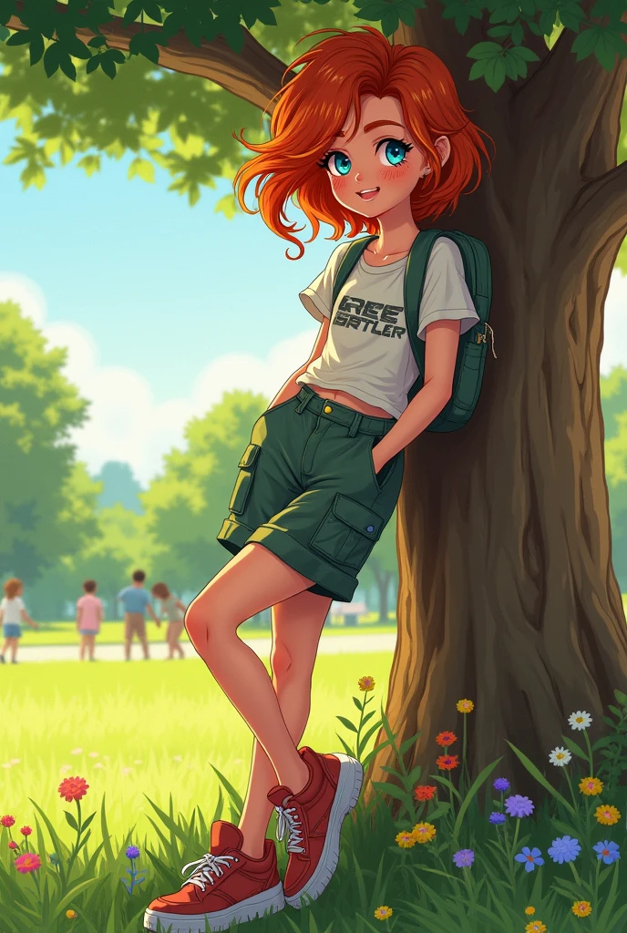 A red-haired tomboy with large breasts and a big butt