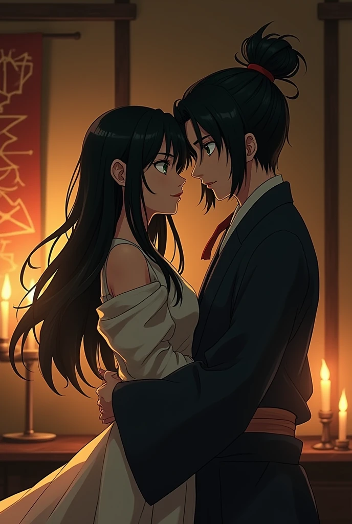 Toji Fushiguro the anime jujutsu master, making love with a girl with black hair and green eyes with feline pupils inside the clan