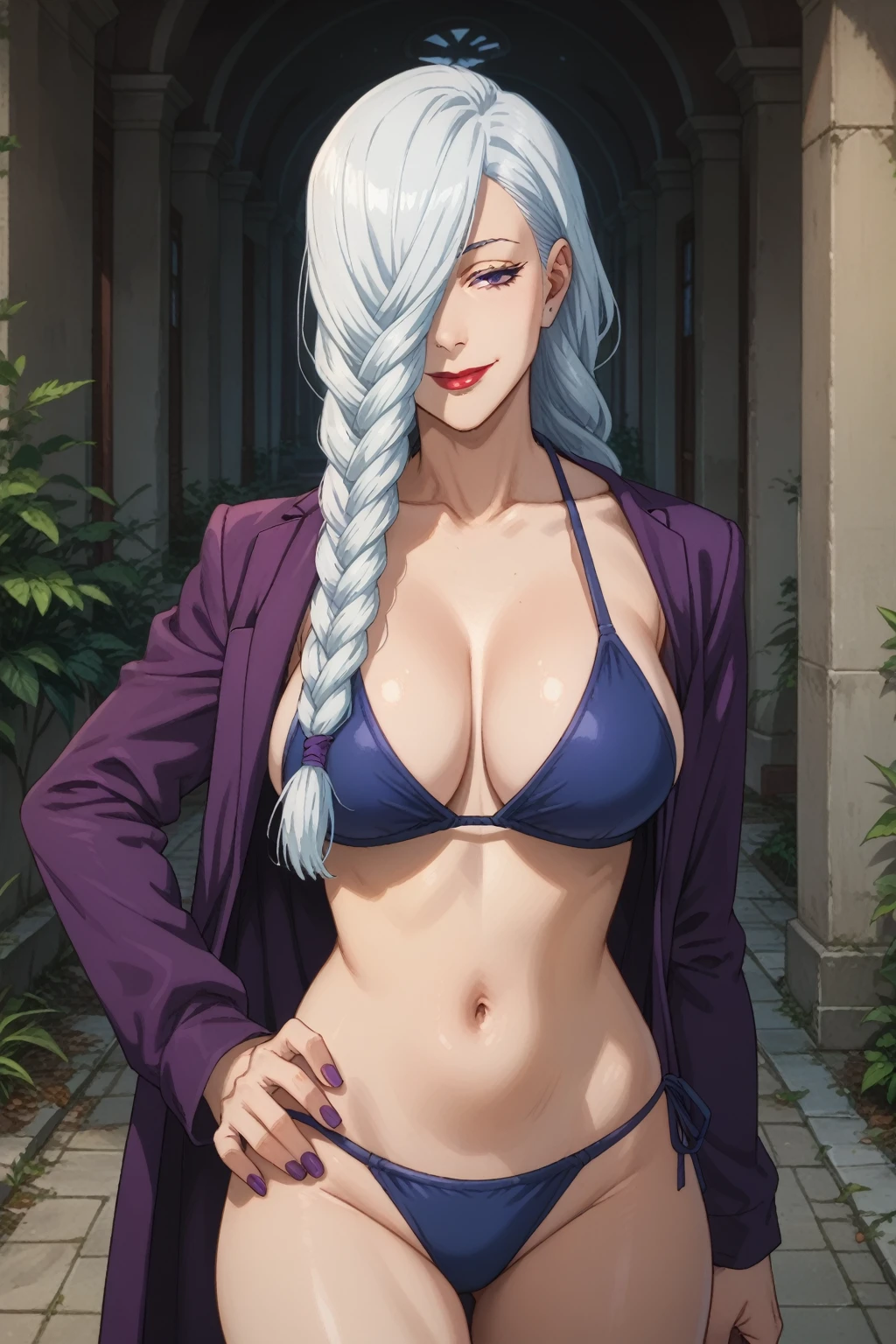 score_9_up, score_8_up, score_7_up 1girl, purple nails, mature female, ChopioMeiMei, white hair, long hair, braided ponytail, front pontytail, purple eyes, braid, hair over one eye, one eye covered, red lips, lipstick, half-closed eyes, looking at viewer, smile, closed mouth, purple nails, blue bikini, standing, posing, side-tie
