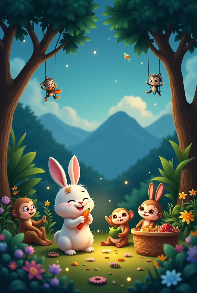 In a clearing in the middle of a verdant and tree-filled mountain range, a group of adorable little animals are gathered for a joyful party under the starlight. Ao centro, the Popcorn Rabbit, with its white fur and brown spots, holds a carrot with an animated smile. Next to you, Dona Arara Azul, with open wings, shows off its vibrant feathers, while Tito the Monkey swings on a tree, holding a banana and laughing. close to the ground, the calm Mr. Armadillo Ball is half rolled up, with serene eyes, while Zeca the Toad, a vibrant green, is sitting on a lily pad. Nina the Ant carries a giant leaf, determined, and the mischievous Raccoon Rick eats wild fruits near a basket. mid-air, the little Ladybug Lili, with its red wings and black dots, flies happily over the flowers. All the little animals are surrounded by soft firefly lights that illuminate the magical party.
