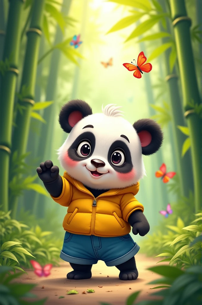 Create for me a cute panda wearing a yellow jacket and blue shorts