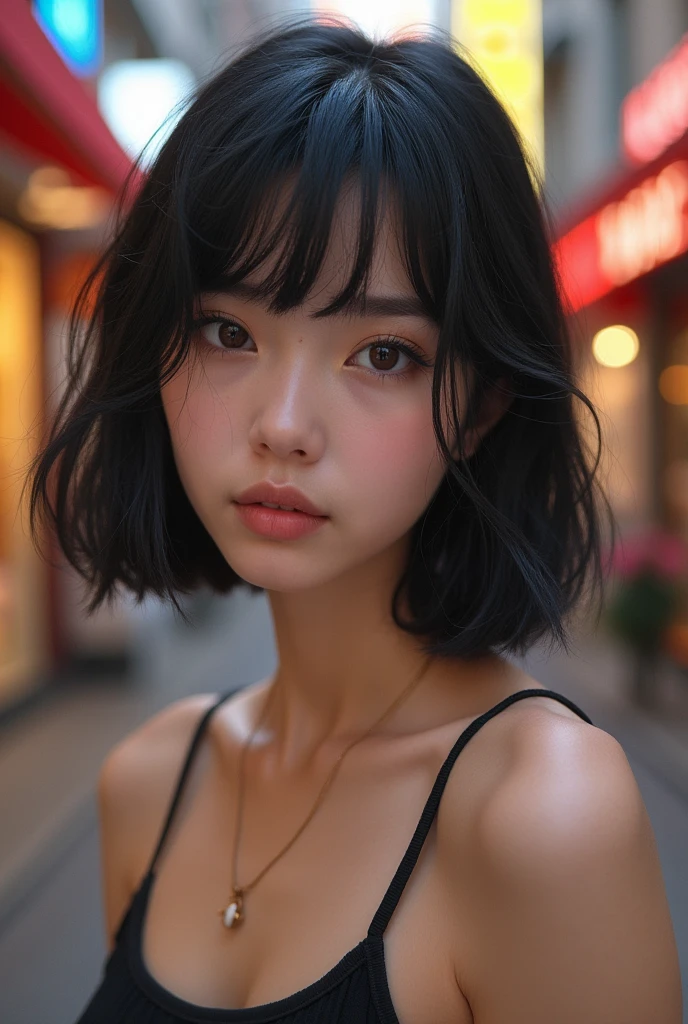 masterpiece, Highest quality, One Girl, (A beauty girl, Delicate girl:1.3), (25age:1.3), Very fine grain definition, (Symmetrical eyes:1.3), (Shopping Street), (Girl's Y fashion, one piece:1.3), Small breasts, Brown eyes, Parted bangs, Black Hair, , (Eye and facial details:1.0), (Face close-up, Zoom in on face, Face Focus:0.1)