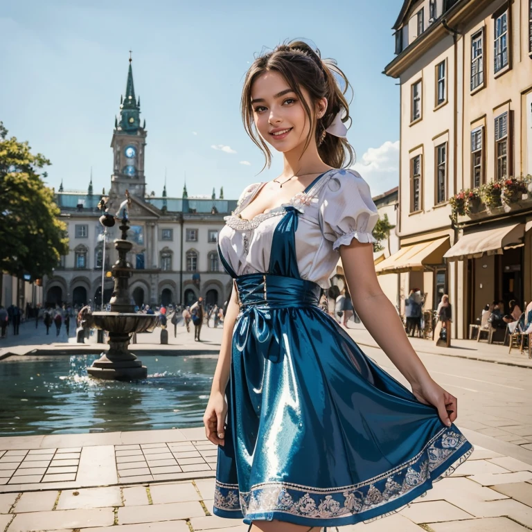 (masterpiece, best quality:1.5), highest quality, High resolution, super detailed, Realists, Upper body photo of a 16-year-old brunette girl, detailed and beautiful eyes, beautiful detailed lips, very detailed eyes and face, longeyelashes, A 16-year-old girl in a beautiful short shiny satin Dirndl, Details in the dress fabric, Beautiful and colorful makeup, elegant and noble々Pose, Beautiful bows in the hair, Ponytail hairstyle with a bow, Munich as a backdrop, bright daylight, bright colors, fine brushstrokes, Portrait style, beautiful color palette, glowing skin, First-class rendering, that captures every detail, enchanting atmosphere, (perfect anatomy:1.2), (The breathtaking girl is wearing a beautiful short silver and dark blue dirndl.. smiling in love and full of joy for the festival, nice legs. She stands next to the fountain and proudly presents herself. The girl stands and dances with joy (magnificent panorama view:1.2)