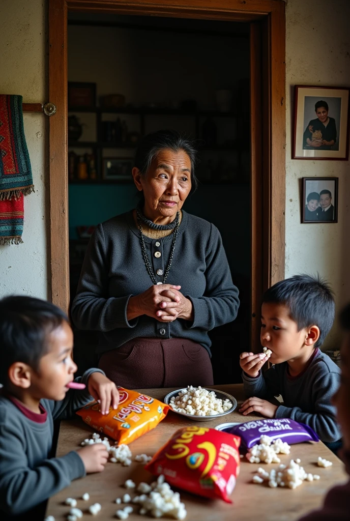 Create an image of a sad Bolivian mother watching her children eat junk food from bags.