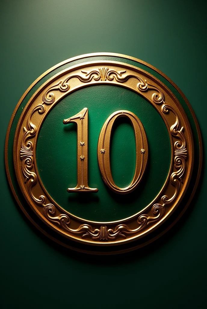 A mockup of a gold and green circular emblem, stylised, with number 10 centered, seen from the front, in Full HD quality
