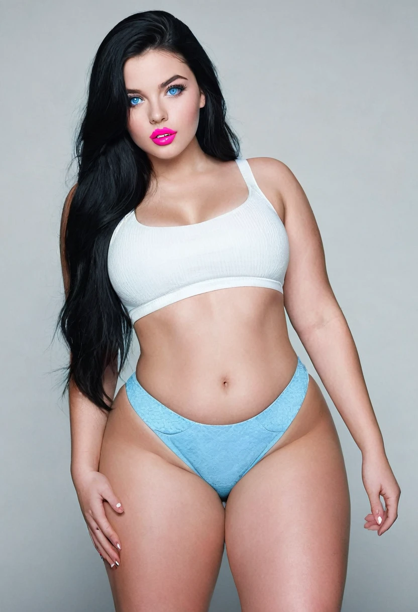 Girl with dark black hair, white, flat stomach, blue eyes, beautiful face, big  , big ass, thick thighs, pink lips