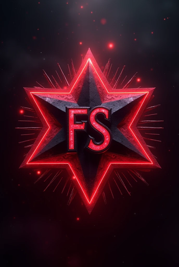Create a guild logo with initials FS with text about Five Star below with dark and bloody colors and 5 dark stars as the main symbol with futuristic bright letters and an image referring to the text