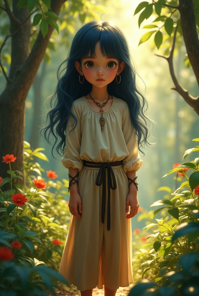 (photorealism:1.2), female , slim face, standing in forest, wearing modest fantasy top, fantasy pants, sandals, long dark blue hair, outdoors, soft lighting, plants in background, facing forward, realistic painting, intricate details, warm colors, by Greg Rutkowski, by Alphonse Mucha