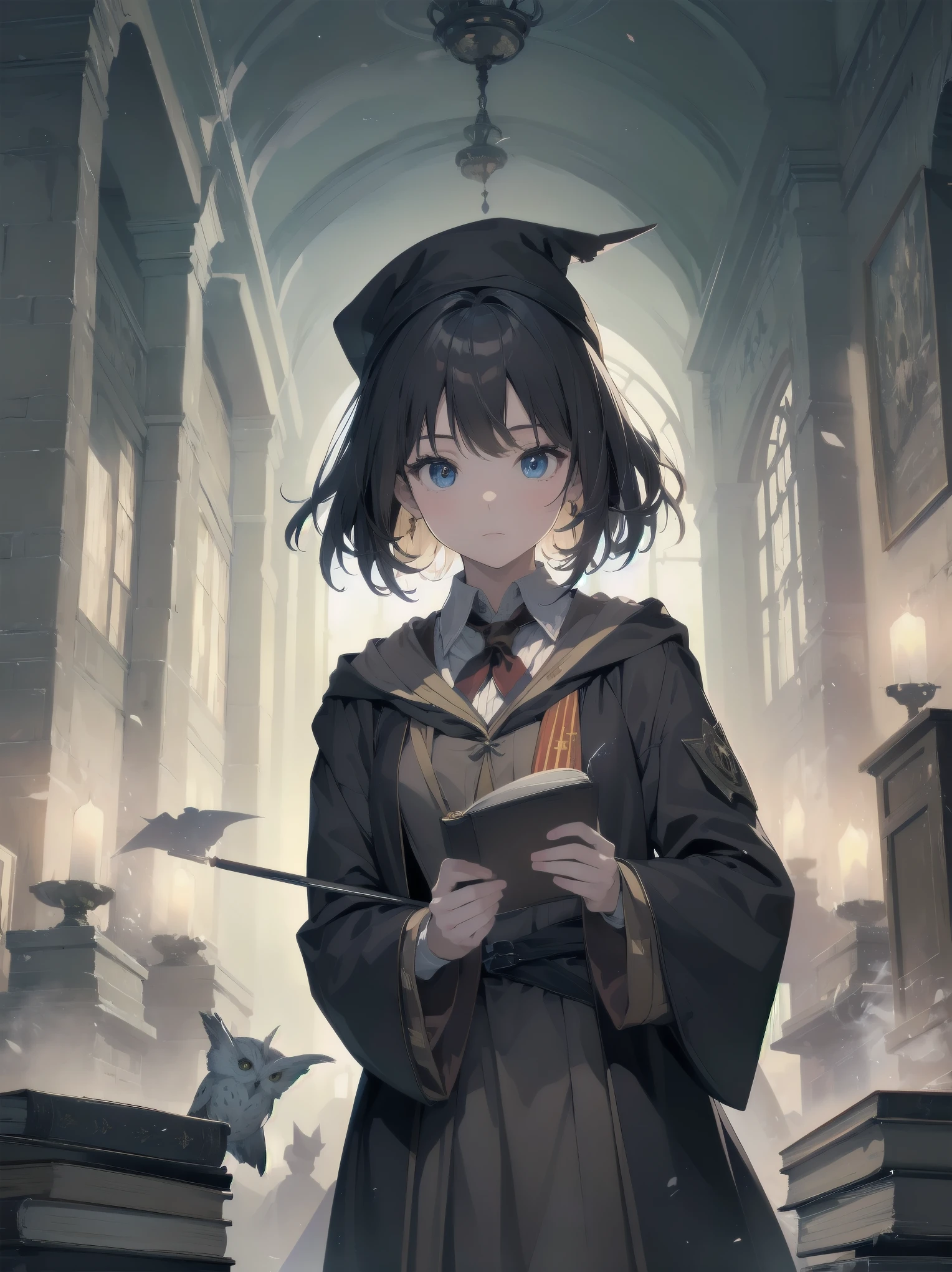 Masterpiece, Top Quality, Absurd, High Resolution, Subject Seismic, Animation Style Illustration with Mock Pause, 1 Girl, Solo, Cute random hairstyle, beautiful random expression and face, random age, slender, random clothing for situation,wizard robes, wand, magical castle, owl, spell book, (Hogwarts: 1.2), magic, wonder, (Harry Potter inspired: 1.3), mysterious atmosphere, details