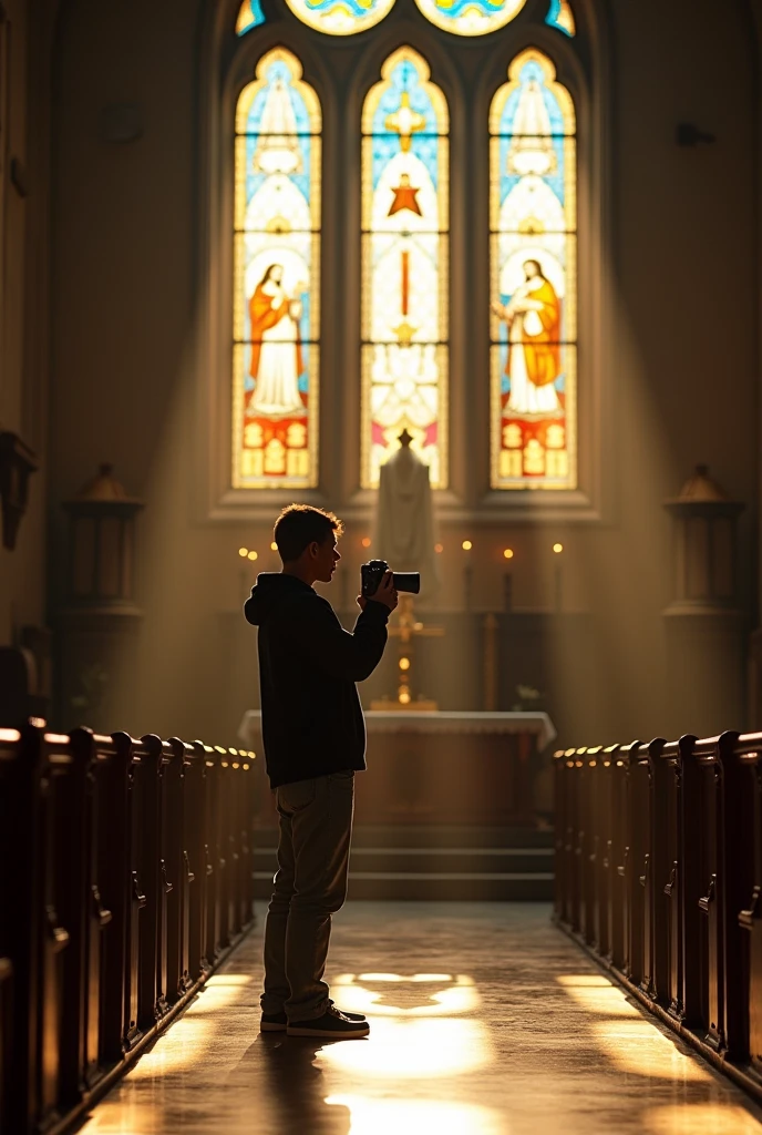 A person taking photos in a Christian church