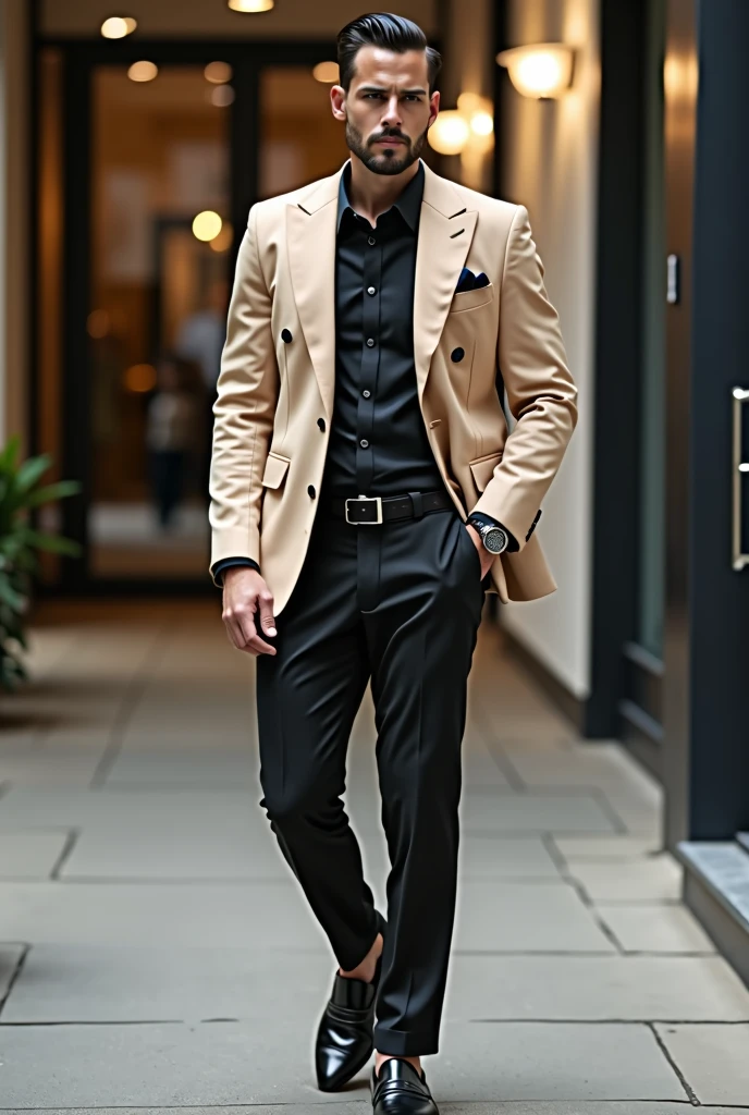 A handsome man . This man dressed up brown colour formal pant and black formal shirt with beige colour suit with black belt and black double monk lofar shoe and black wtach.