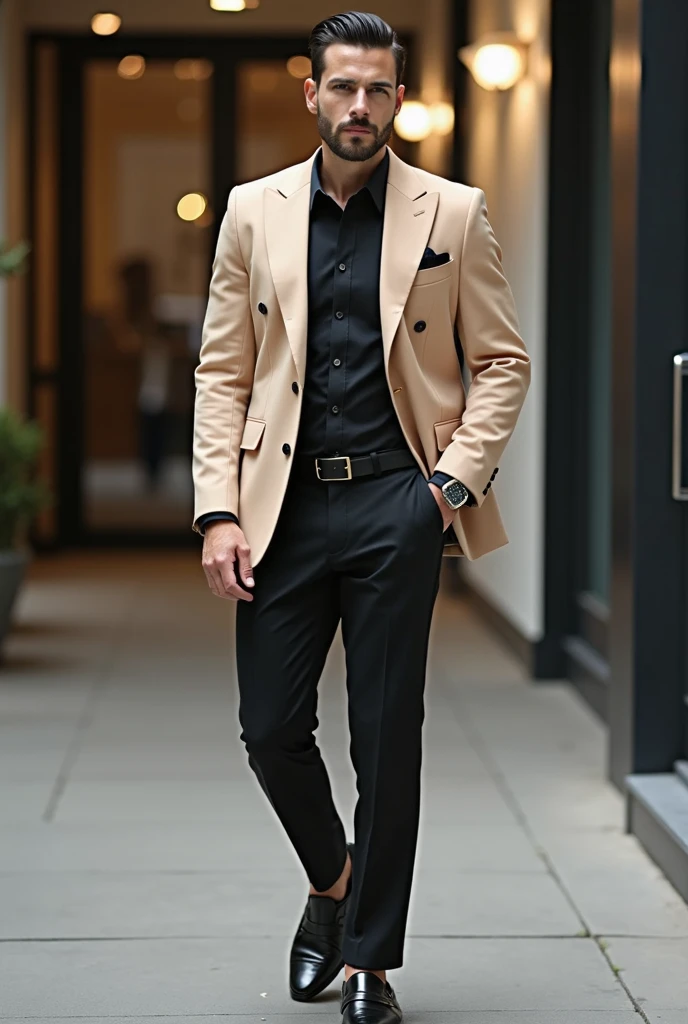A handsome man . This man dressed up   brown colour formal pant and black formal shirt with beige colour suit with black belt and black double monk lofar shoe and black wtach.