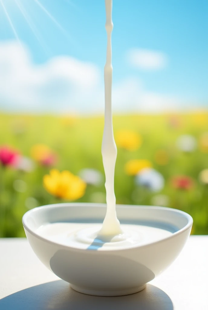 A drop of milk in the foreground, falling into a bowl, with a blurred background showing fields and flowers, representing purity and naturalness.