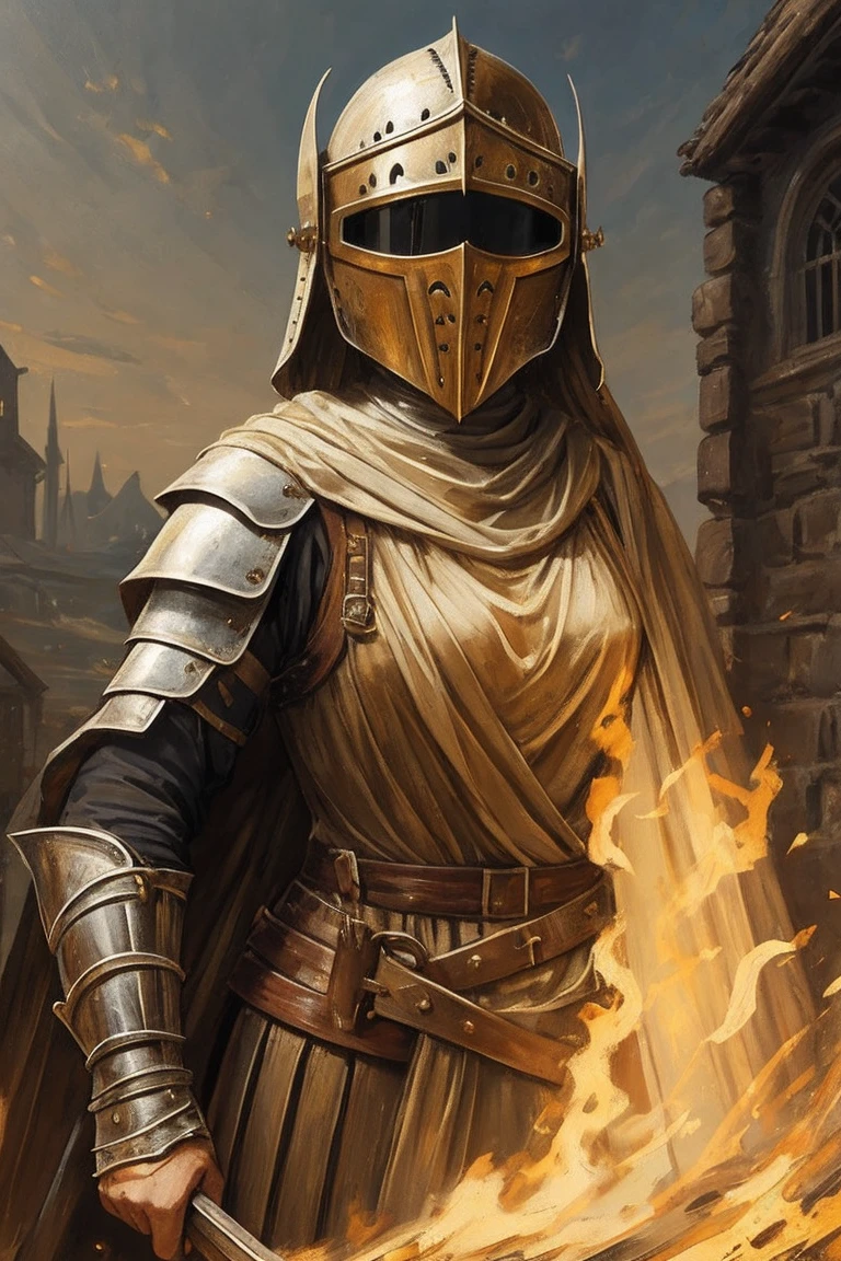 a painting of a young medieval woman, gaunt, collarbone wrapped in yellowing bandages, wearing dirty knight armor, bandages covered in dried blood and puss, disgusting, defiant fleeting eyes, in pain, old bandages tight, mended armor plates over chest, mended knight, short ratty hair covering face, dirty face and clothes, sneering, plated helm on head, eyes showing through the visor