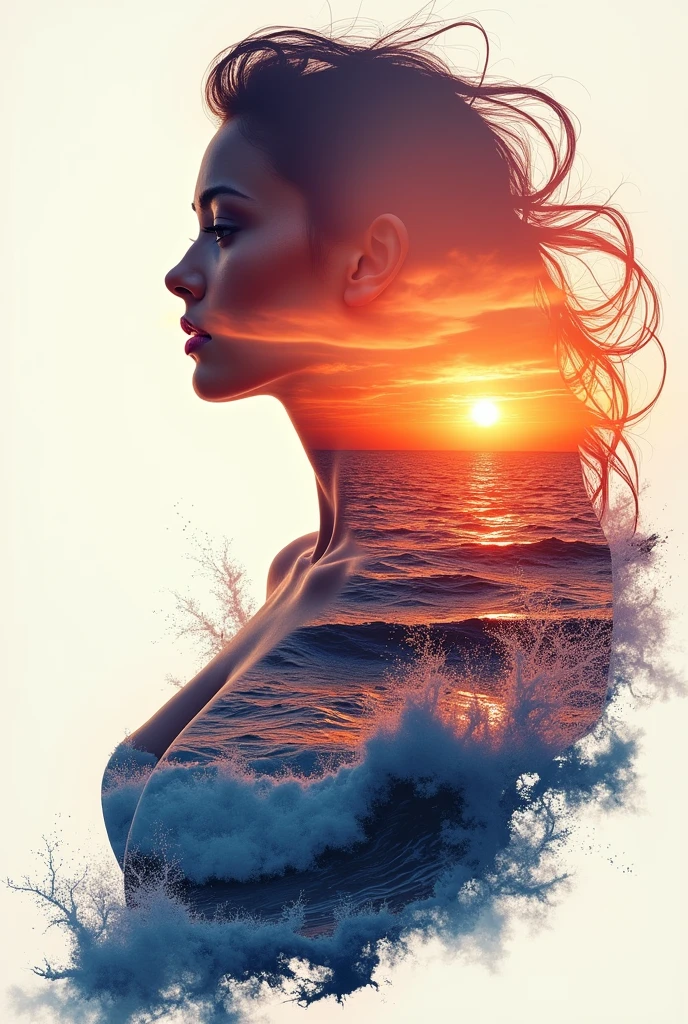 high quality, 8K Ultra HD, A beautiful double exposure that combines an goddess silhouette with sunset coast, sunset coast should serve as the underlying backdrop, with its details incorporated into the goddess , crisp lines, The background is monochrome, sharp focus, double exposure, by yukisakura, awesome full color,