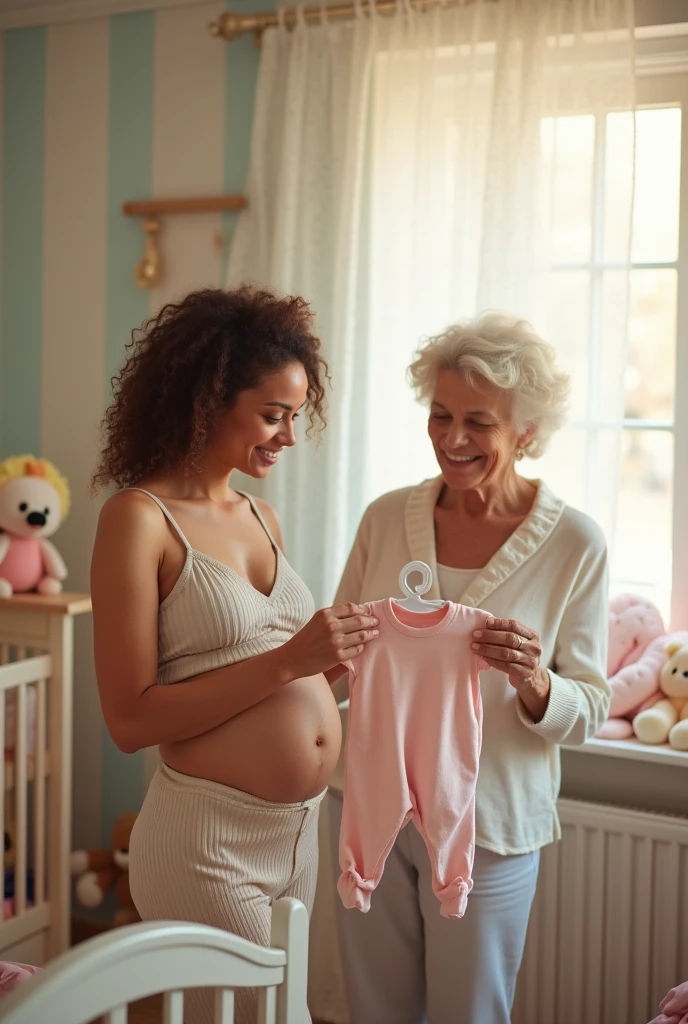 Pregnant Mama
Light-skinned
Grandmother accompanying her daughter
Looking at her baby's first clothes
In the baby's room