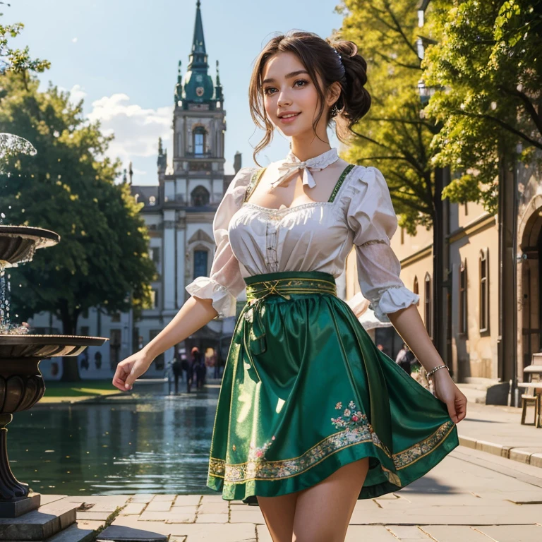 (​masterpiece, best quality:1.5), highest quality, High resolution, super detailed, Realists, Upper body photo of a 16-year-old brunette girl, detailed and beautiful eyes, beautiful detailed lips, very detailed eyes and face, longeyelashes, A 16-year-old girl in a beautiful long shiny satin dirndl, Tip in the fabric, Beautiful and colorful makeup, elegant and noble々Pose, Beautiful bows in the hair, Ponytail hairstyle with a bow, Munich as a backdrop, bright daylight, bright colors, fine brushstrokes, Portrait style, beautiful color palette, glowing skin, First-class rendering, that captures every detail, enchanting atmosphere, (perfect anatomy:1.2), (The stunning girl wears a beautiful long dirndl. smiling in love and full of joy for the festival, nice legs. She stands next to the fountain and proudly presents herself. The girl stands and dances for joy and lets her skirt dance   (magnificent panorama view:1.2)