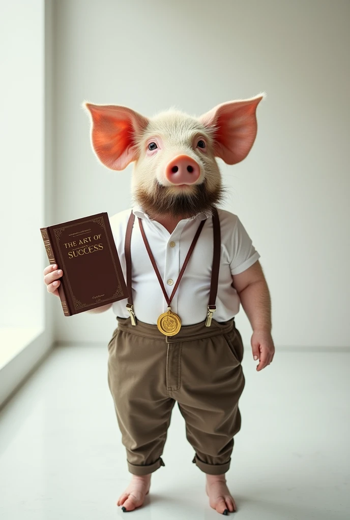 A pig with beard in short sleeve formal shirt pant with a gold medal and a book in hand in a white room