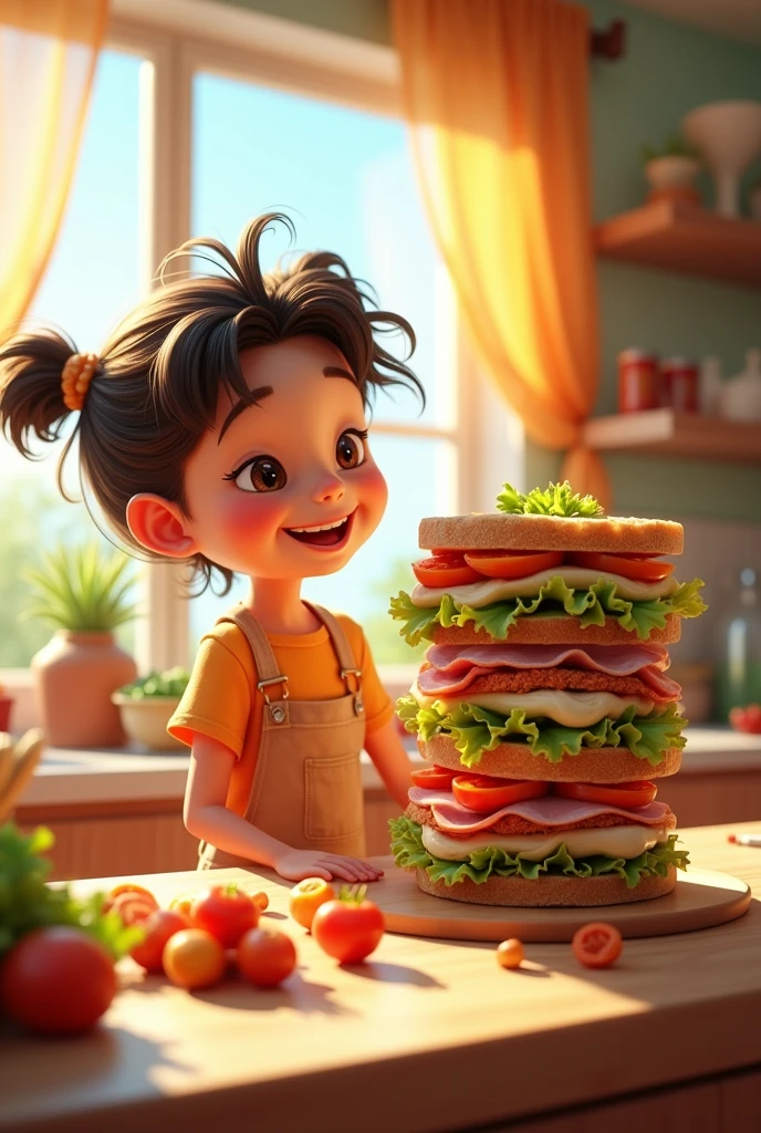 I made a sandwich, oh so grand,
"A child making a large, colorful sandwich with various ingredients laid out on a kitchen counter. The child is smiling proudly at their creation."I want to create a realistic 3d illustrated image of a cute girl 