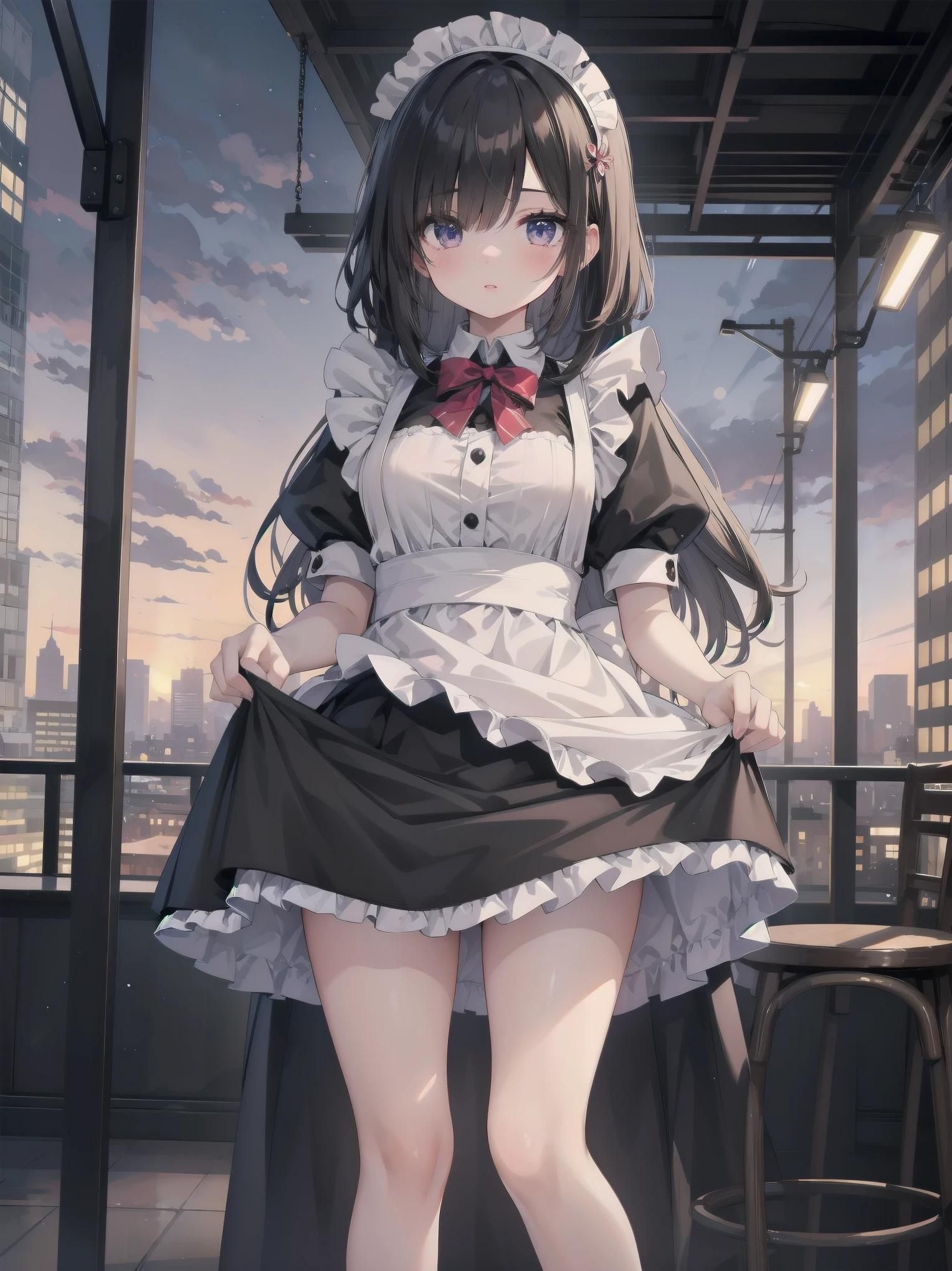 Highly detailed CG Unity 8k wallpaper, Top quality, Highly detailed, Masterpiece, Highly detailed pretty girl, 8 years old, (((lifting skirt by herself))), (lifting skirt by herself)), dynamic angles, sexy pose, blush, lips apart, looking at audience, half body shot, (crowd), (crowded big city)), hair over one eye, immaculate beauty, less revealing maid outfit, classical maid fashion