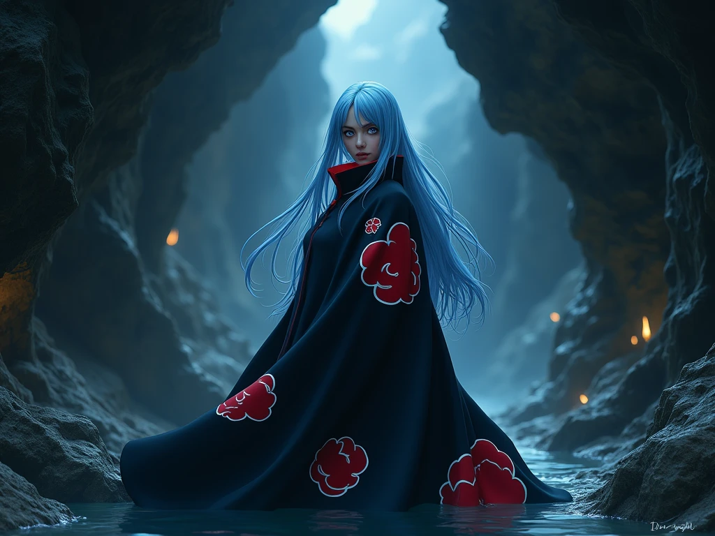 Real beautiful biracial latina woman, light blue hair, light blue eyes,large breasts, do a Cosplay of Itachi Uchiwa in a cavern, wear akatsuki black with red cloud suit