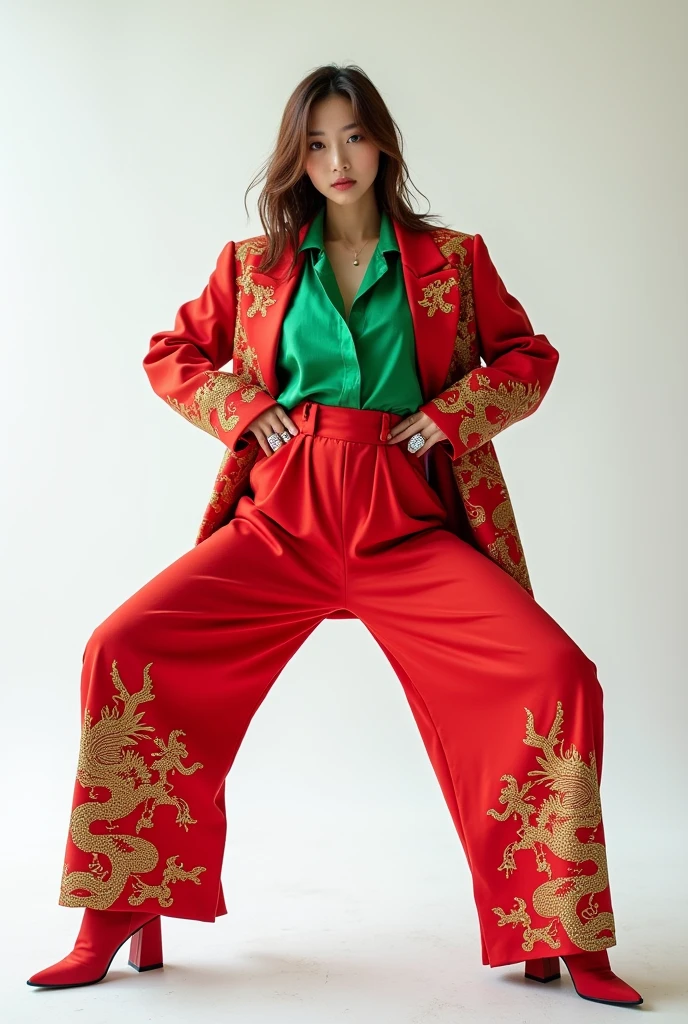 korean model girl wearing red suit with lot of chineese dragon pattern , overr size pants , bending and posing for photo , cinematic , white background , rings , high boots , green shirt